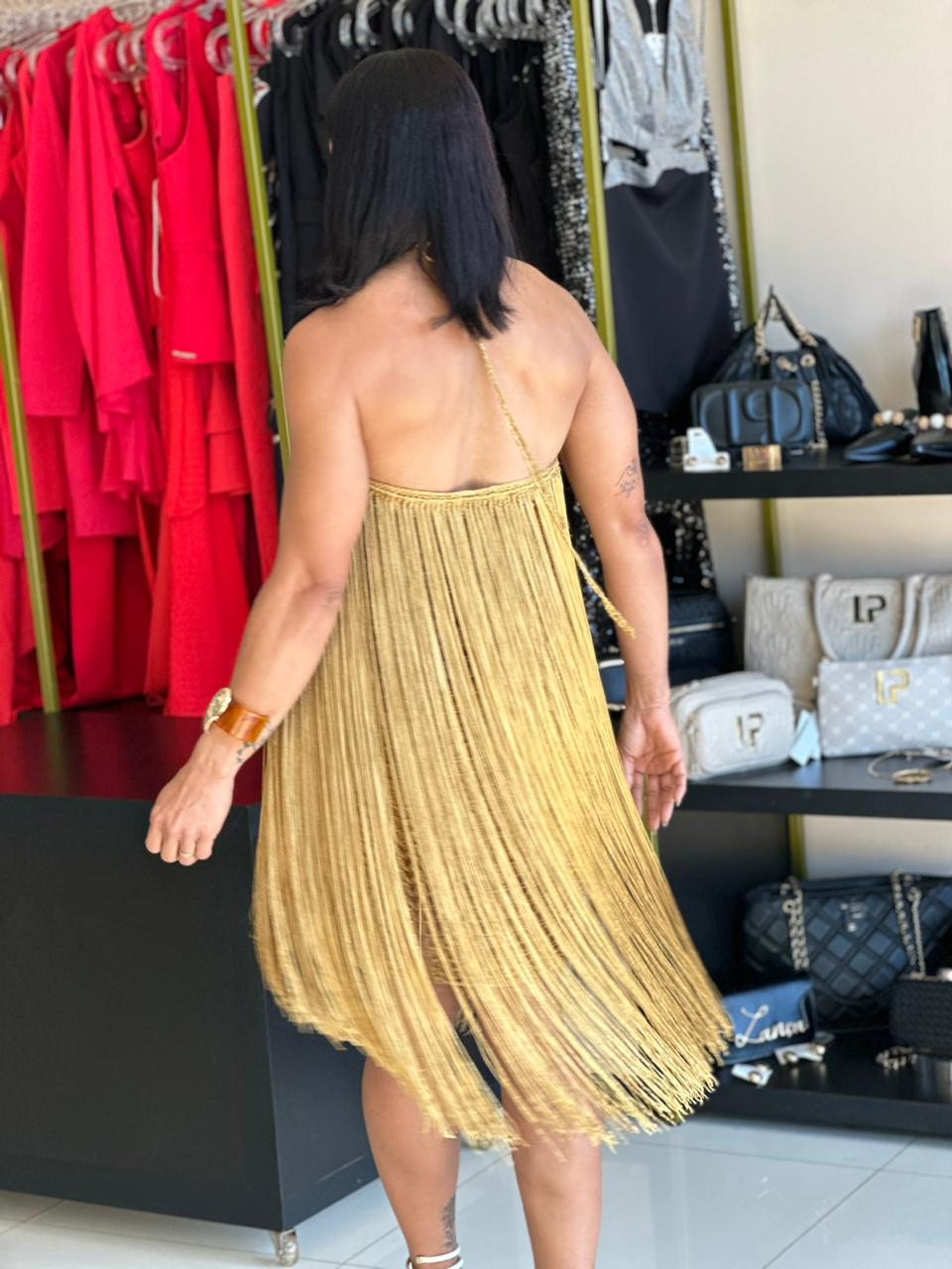 B.FLY VESTIDO FRANJA MACRAME DOURADO - Imagem 3