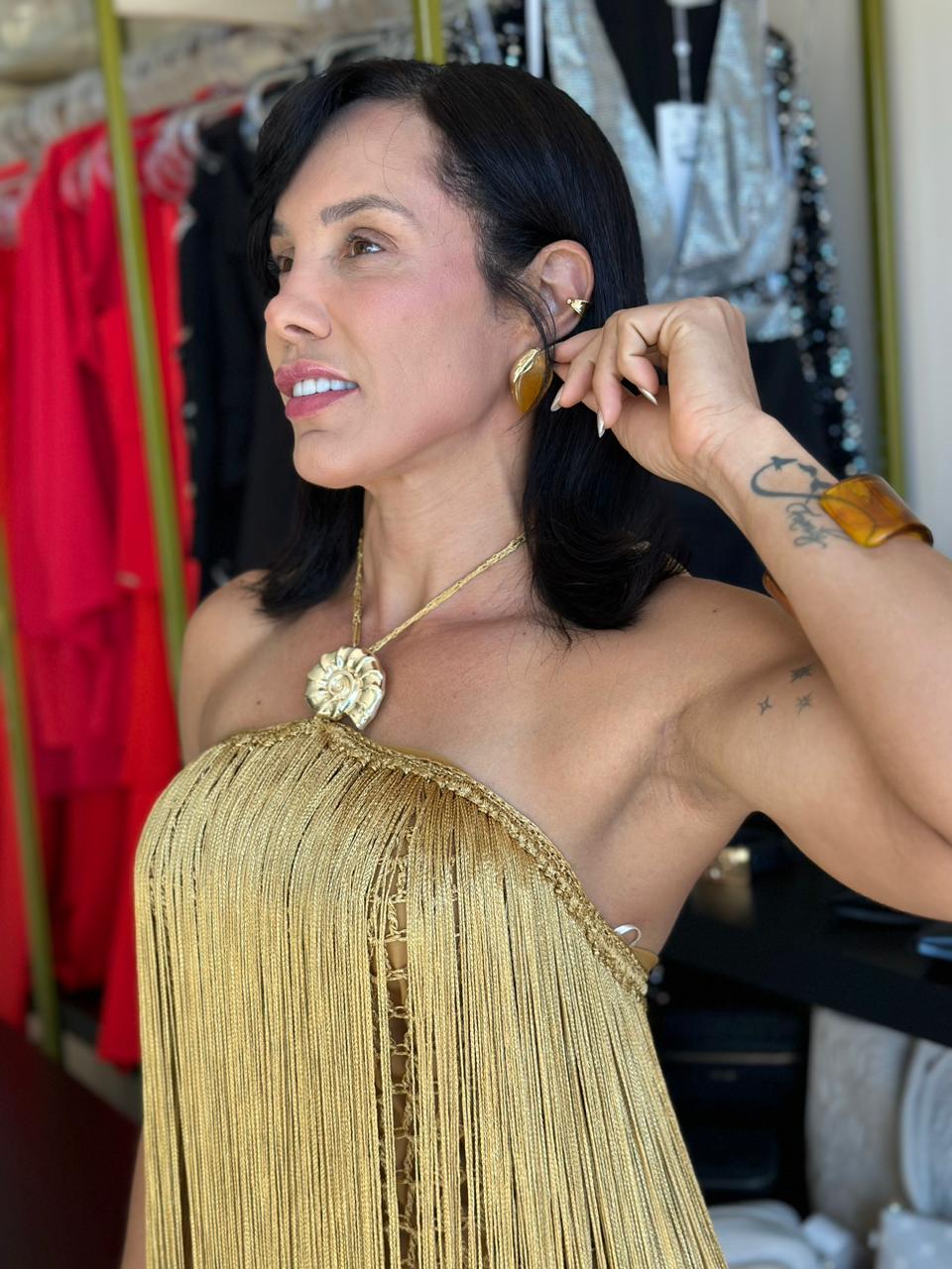 B.FLY VESTIDO FRANJA MACRAME DOURADO - Imagem 2